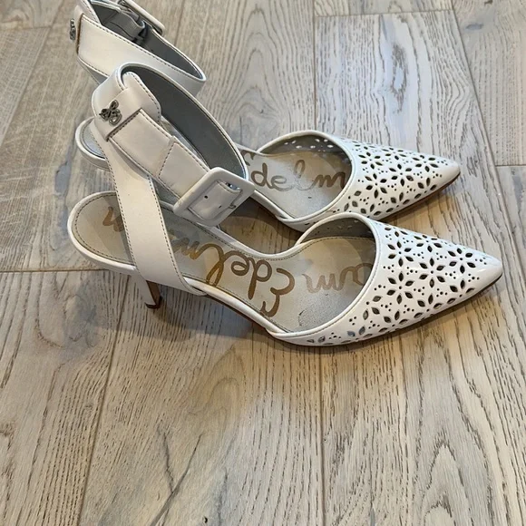 Sam Edelman White Laser Cut Buckle Strap Heels Size 6.5 - Picture 2 of 5